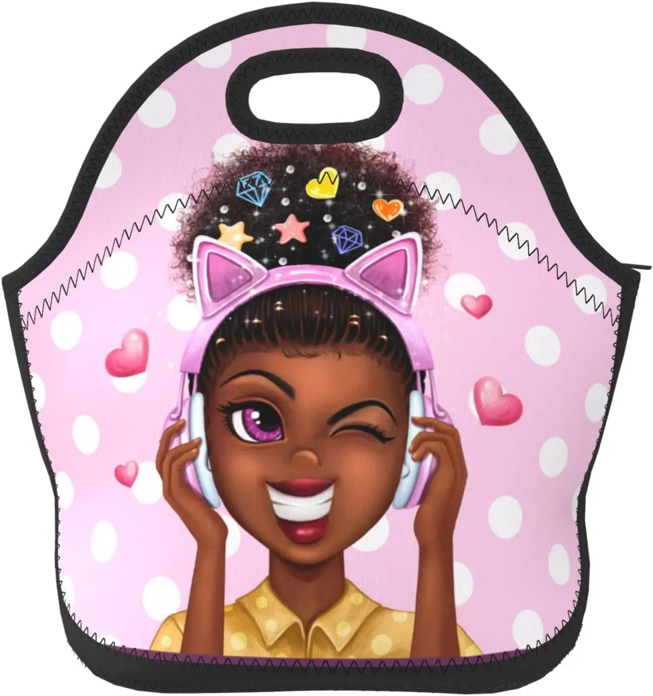 

African American Girl Lunch Bag Black Girl Love Music Soft Neoprene Insulated Lunch Bags Leakproof Cooler Waterproof Lunch Box
