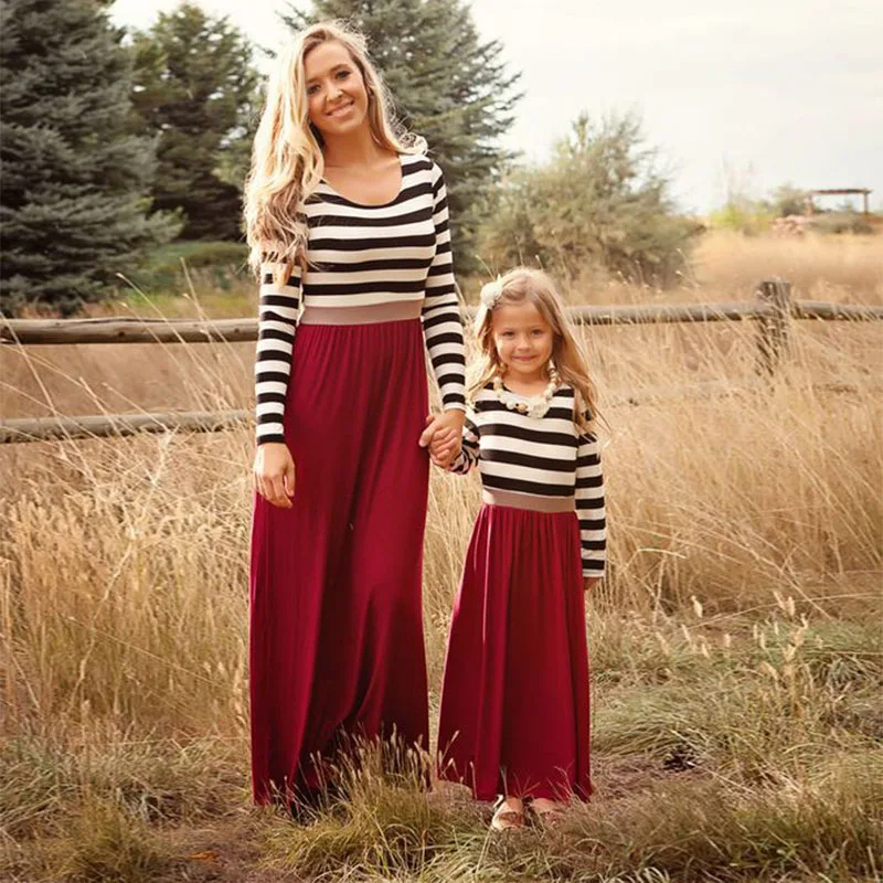 

Long Sleeve Mother Daughter Matching Dresses Spring Autumn Patchwork Striped Long Dress Mommy And Me Family Matching Clothes