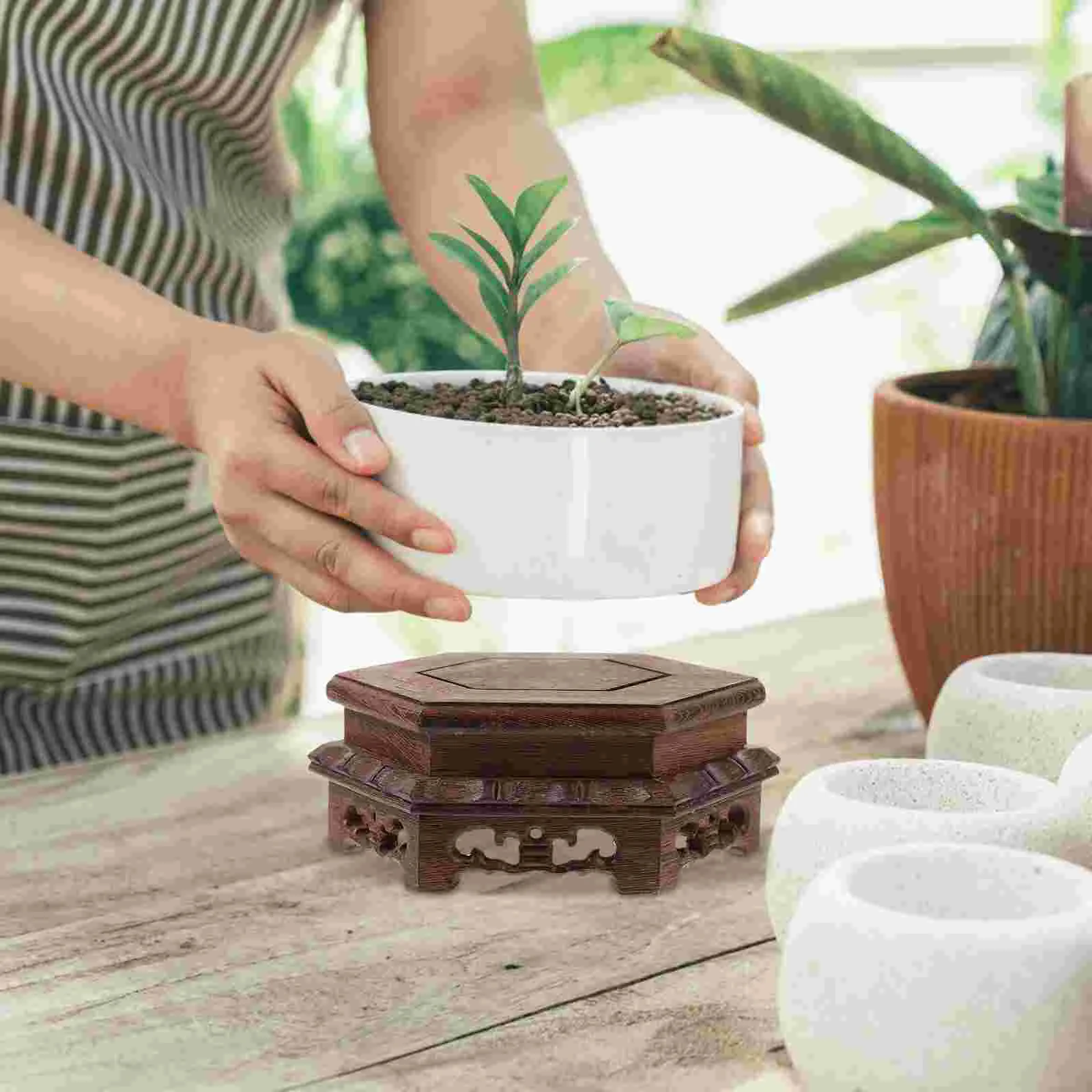 

Wooden Riser Stand Hexagonal Flower Pot Base Wooden Display Riser Planter Display Stand