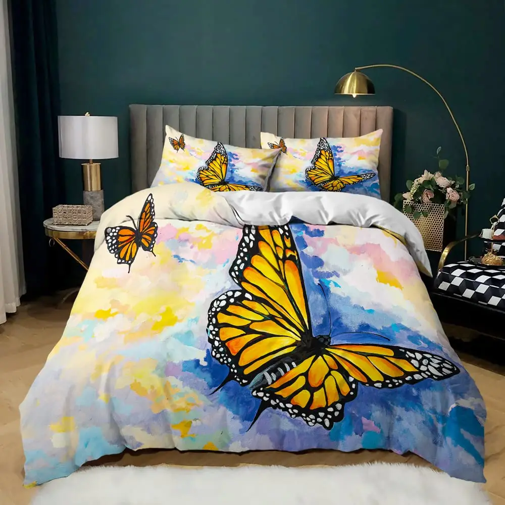 

Butterfly Duvet Cover Set King Size Blue Butterflies Printed Comforter Cover Set for Girls Kids Quilt Cover Pillowcases Purple