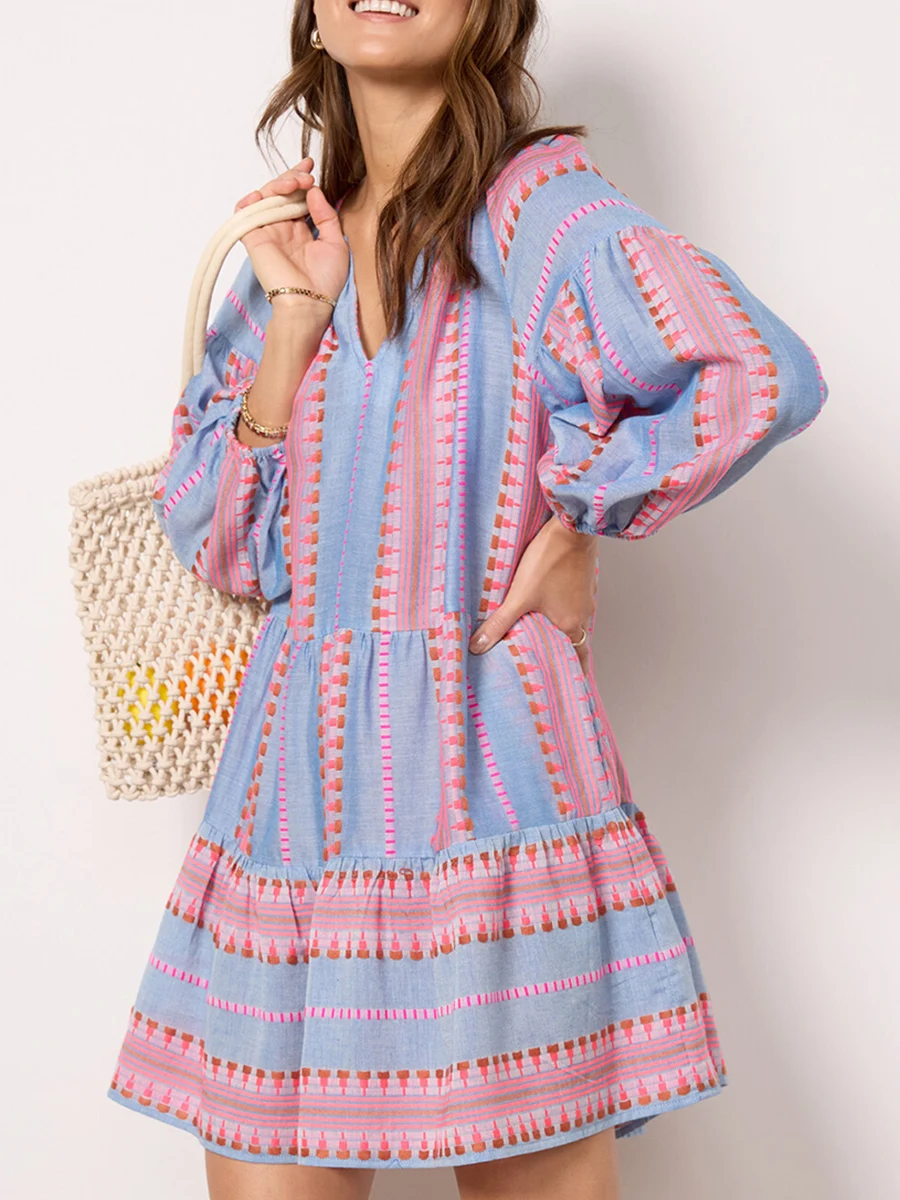 Женское летнее платье в богемном стиле свободное короткое пляжное с рукавом 3 4