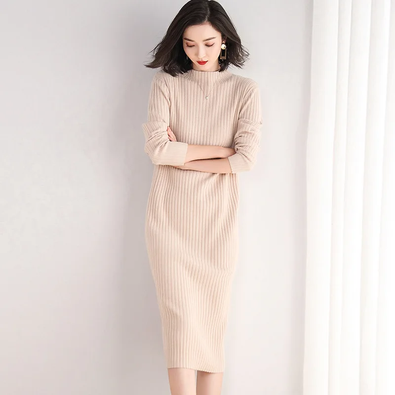 

Half Turtleneck Solid Knit Dresses Fall Winter Women 2022 Party Baggy Stretchy Striped Rib Vestidos MIDI Black Red Sweater Dress