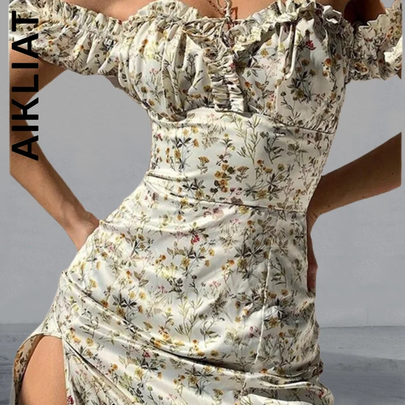 

Aikliat Dress Women New Korean Sexy Lace Up Side Split Chic Mid-Calf Aesthetic Dress Robe Soft All-Match Woman Clothes Vestidos