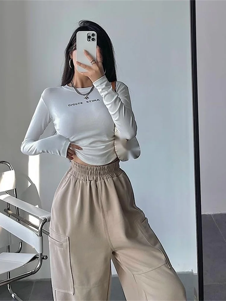 

Футболка TVVOVVIN с круглым вырезом и надписью для девушек, облегающая футболка с длинным рукавом и складками сбоку, модные корейские топы, сексуальные женские футболки 3F0P