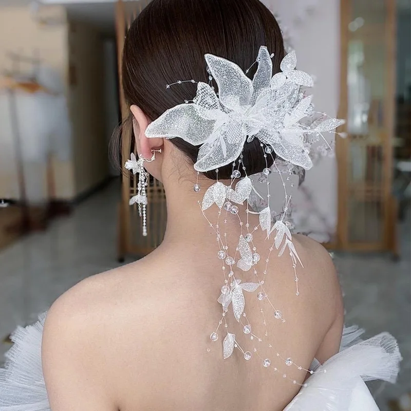 

New Korean Bright Petals Beaded Tassels Hairpin Earrings Hair Clips for Women Wedding Accessories