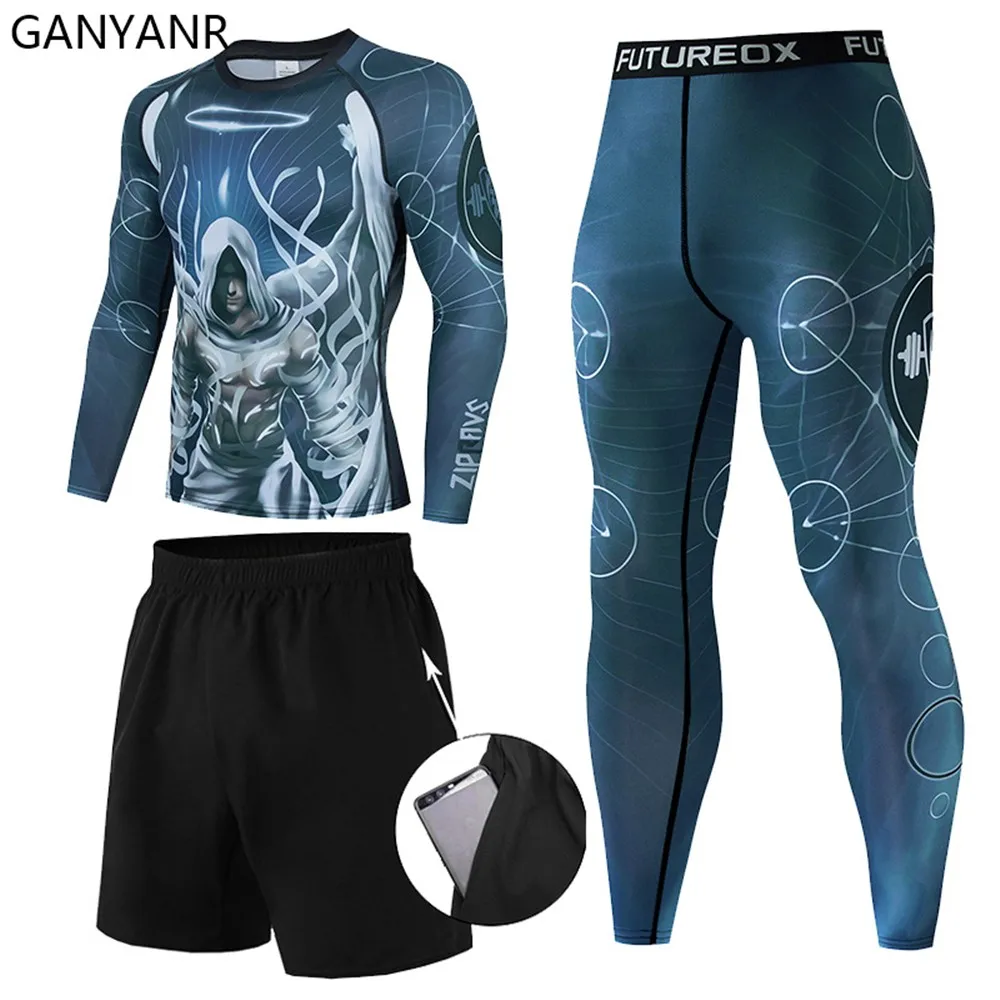 GANYANR Tracksuit Men Sportswear Jogging Suit Gym Clothing Mma Rashguard Sports Fitness Training Suit Workout Running Set Tights