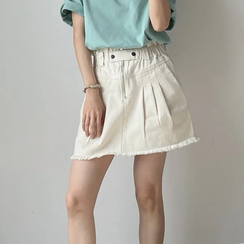 

Women Cotton Denim Skirt Zipper Solid Color High Waist A-line skirt Ladies Mini Jupe with Pockets 2022 Summer New