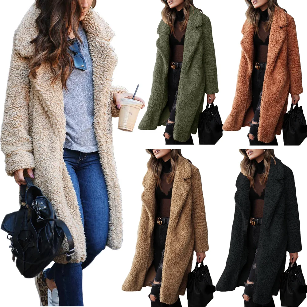 2023 Autumn and Winter Women's Plush Top Long Coat Solid Color Long Sleeve Lapel Wool Coat Women Jacket