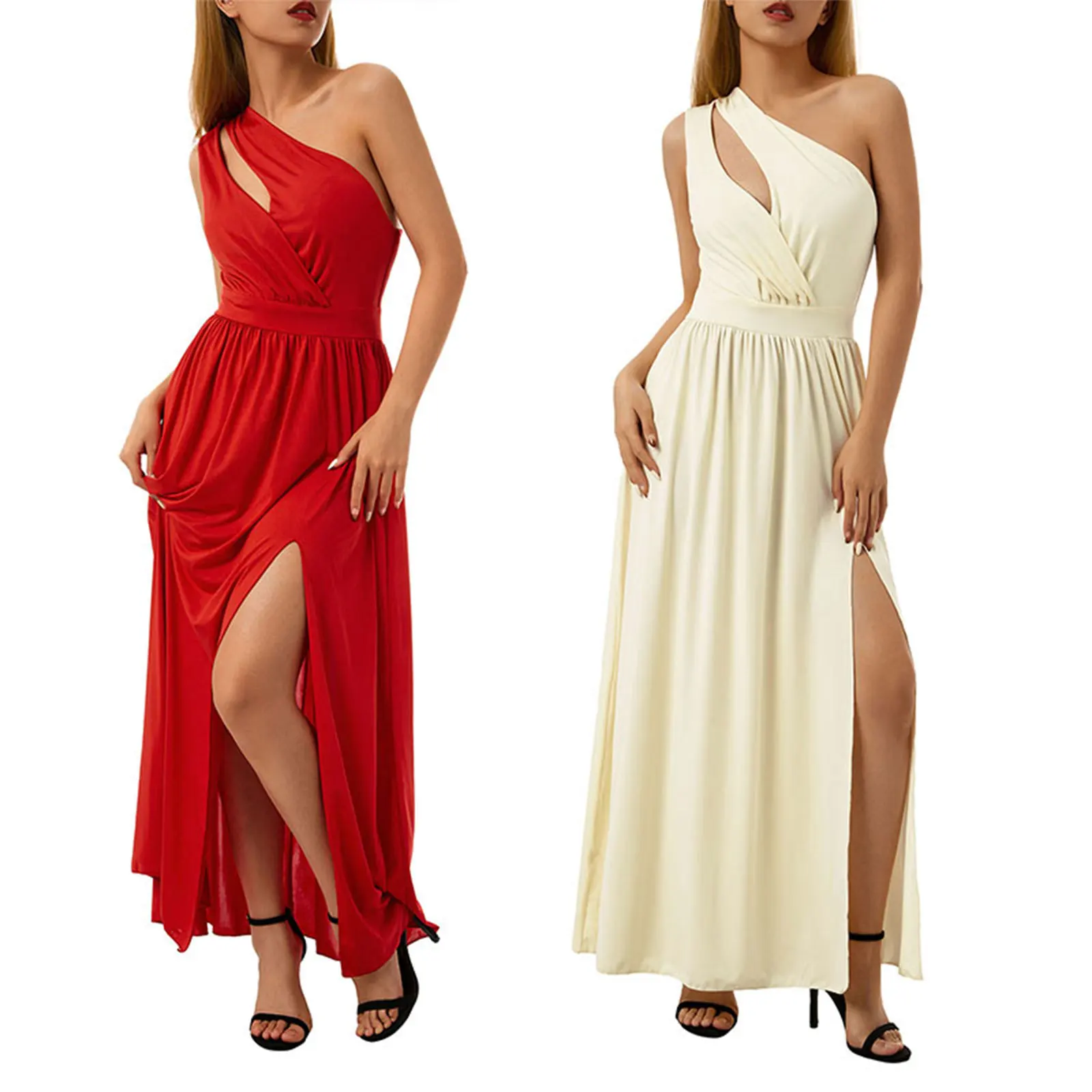 

Women Sexy Oblique Shoulder Dress, Sleeveless Solid Color Hollow Out Slit Skirt, Apricot/ Red