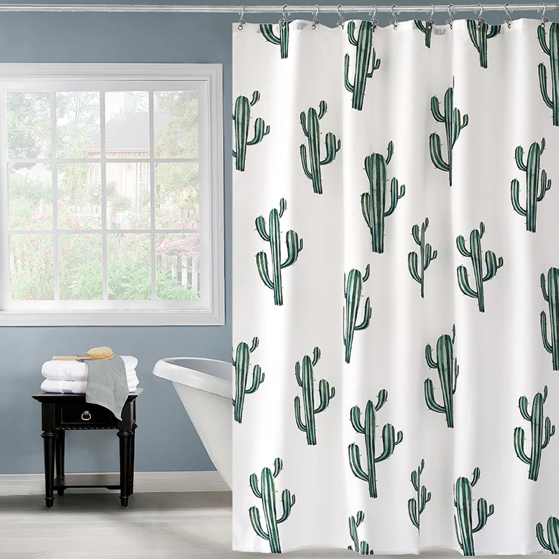 Cactus Art Shower Curtain Decor Modern Nature Sheer Shower Curtain Set Rings White Decor Rideau Douche Home Accessories Supplies