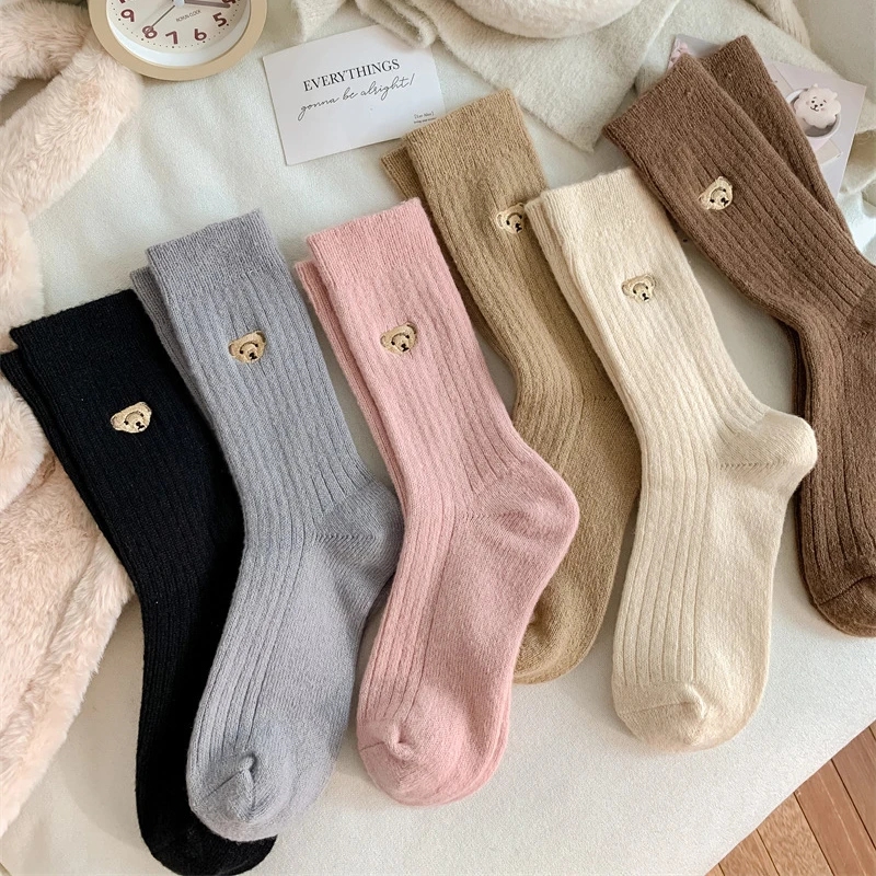 5 Pairs Women's Warm Socks Winter New In Casual Kawaii Cartoon Bear Embroidery Cute Socks For Women Solid Color Home Thick Comfy