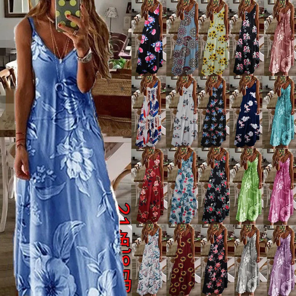 

New Vintage Party Dresses For Women Floral Print Short Sleeve Summer Dress Women Sundress Pocket Beach Long Dress Boho
