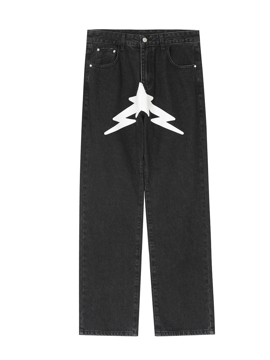 Four Seasons Loose Jeans Men Y2K Fashion Designer Black Star Print Pants Bottoms Street Casual Low Waist Loose Straight Jeans
