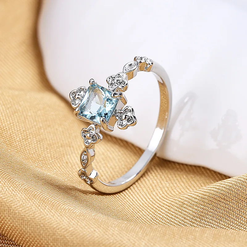 

Exquisite Square Women's Crystal Stone Ring with Blue Zircon Flower Cross Ring for Women Luxury Silver Copper Ring Jewelry