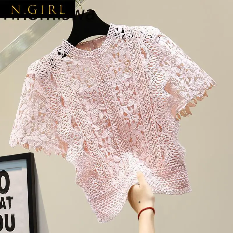 

Lace Hollow Out Sweet Shirt Blouse Women O-neck Solid Color Casual Short Blusas Mujer New Arrival High Waist Roupas Femininas