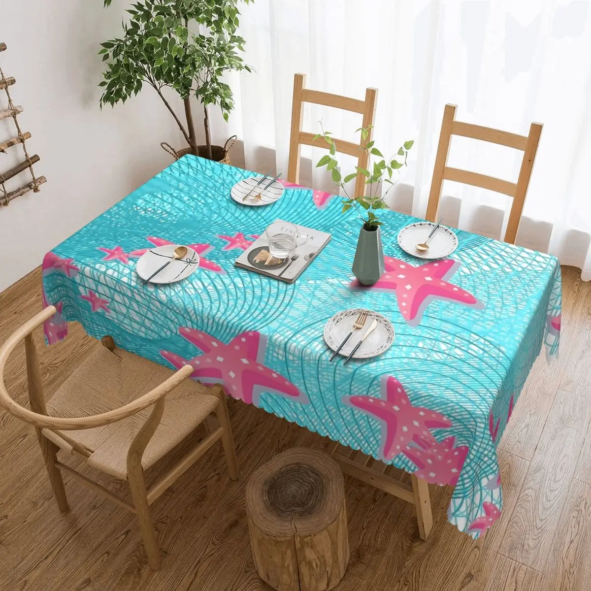 

Скатерть Розовая с морскими звездами, водонепроницаемая прямоугольная ткань с забавными животными, модный вечерний обеденный стол, чехол для стола на заказ
