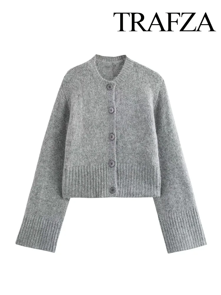 TRAFZA женский элегантный серый тонкий вязаный короткий кардиган с длинными