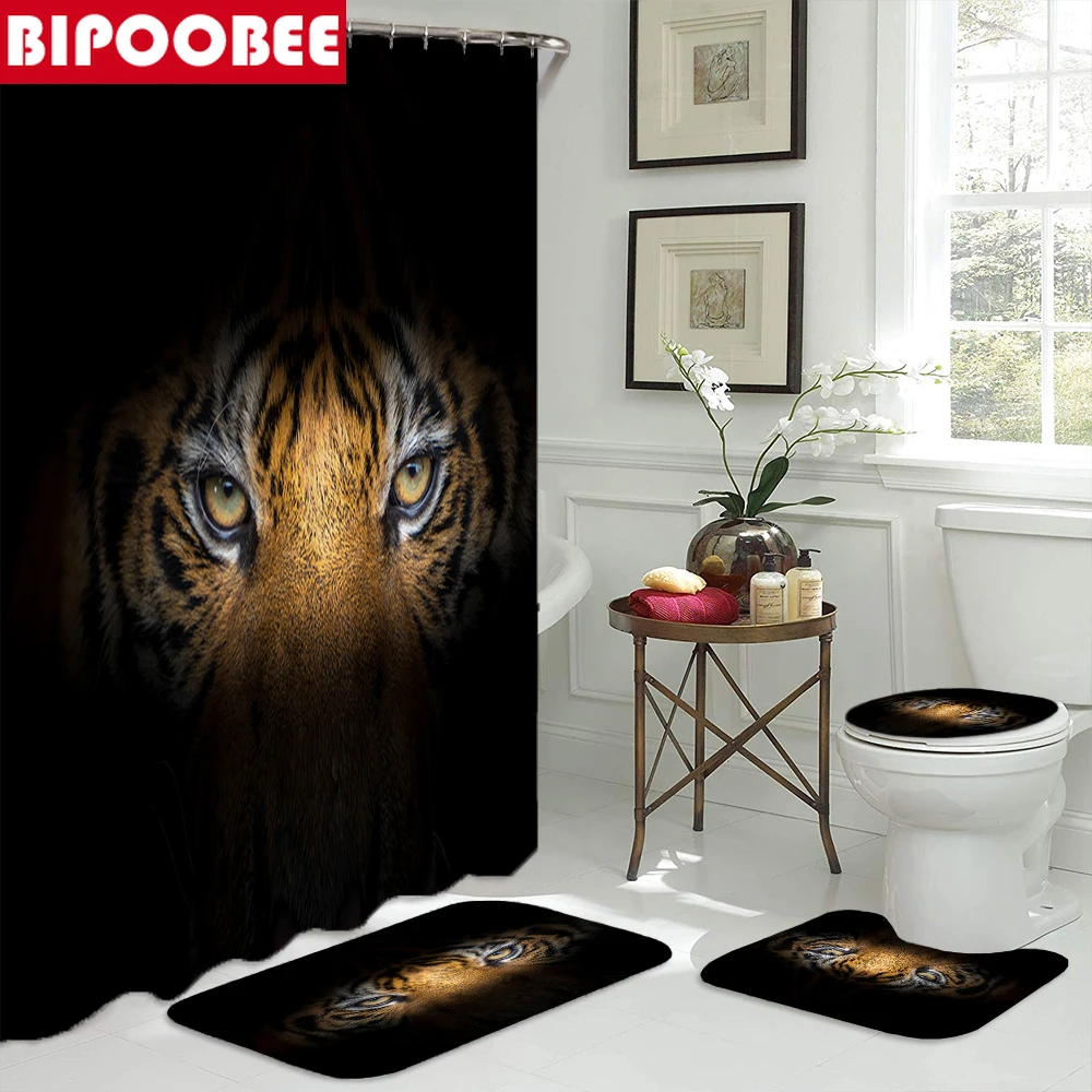 

Shadowy Tiger Pattern Shower Curtain Bathroom Decor Waterproof Polyester Fabric Bath Curtains Toilet Cover Lid Non-slip Carpet