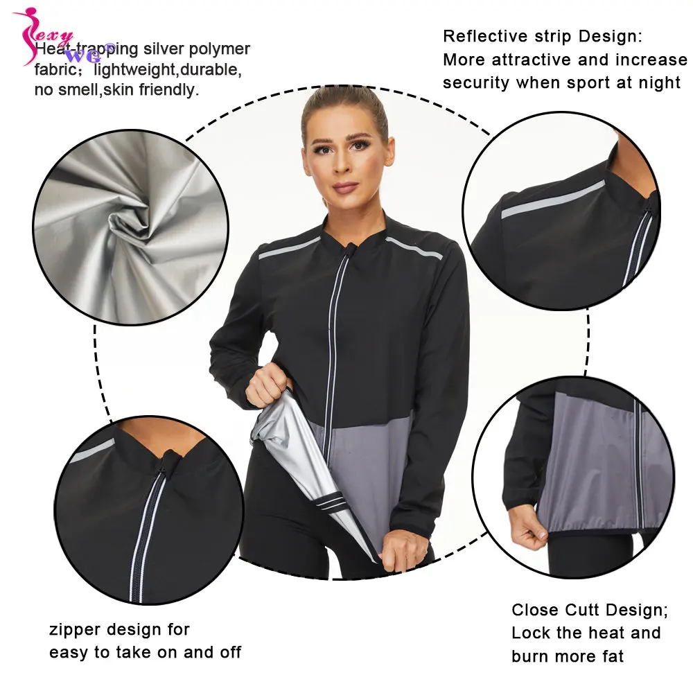 SEXYWG Sauna Jacket for Women Sweat Slimming Top Weight Loss Long Sleeve Fitness Suit Ladies Zipper Body Shaper Workout Sport