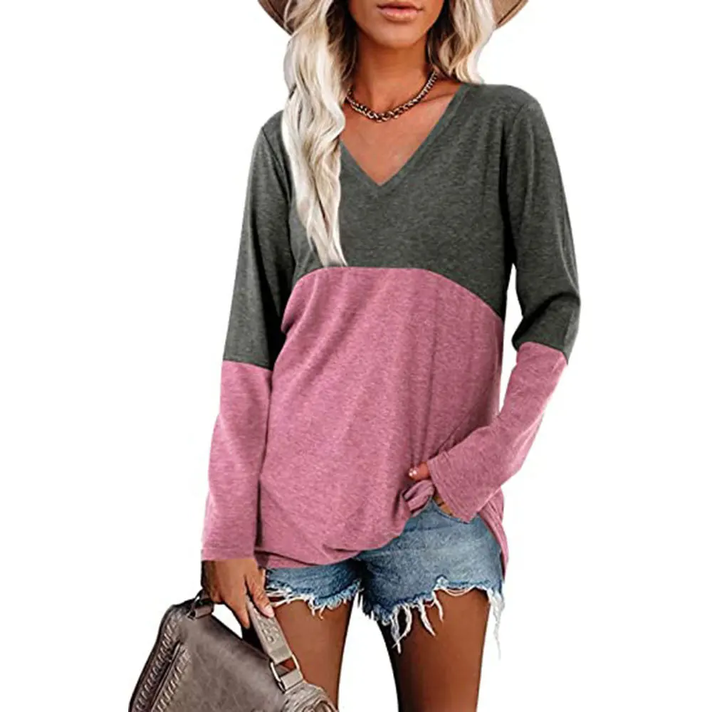 

2022 Winter Oversized T-shirt for Women Fashion Patchwork Casual Sweatshirt Autumn Female Long Sleeve V-neck Loose Fit Tee Tops