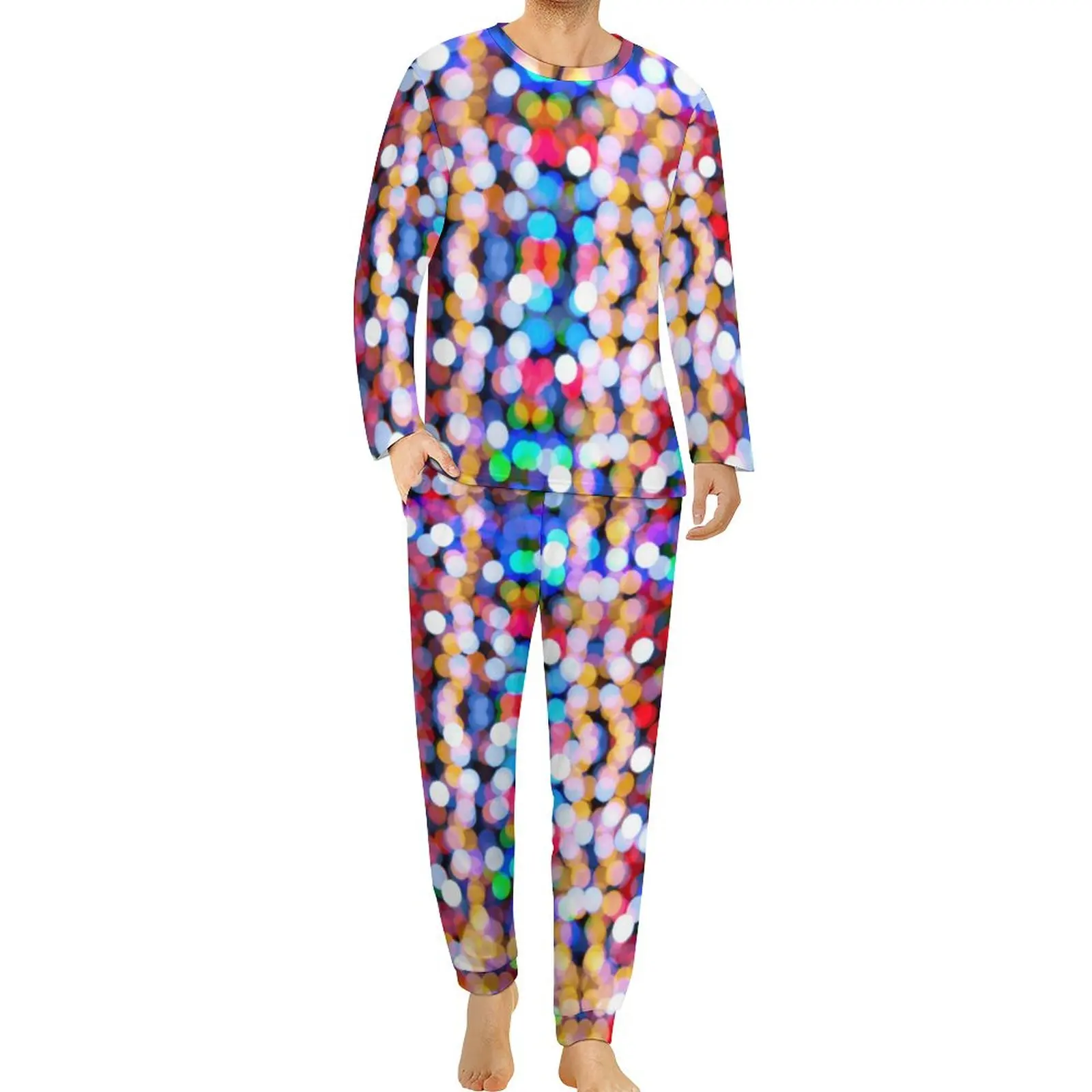 

Colorful Sparkle Print Pajamas Long-Sleeve Twinkling Lights Pattern 2 Pieces Casual Pajama Sets Winter Soft Oversized Home Suit