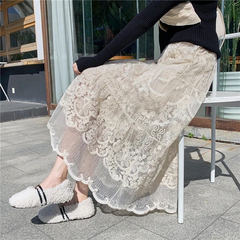Embroidered Flower Lace Skirt Spring Summer Women High Waist Boho Beach Long Skirts Vintage Pletaed Gauze Skirt Sweet Beige N430