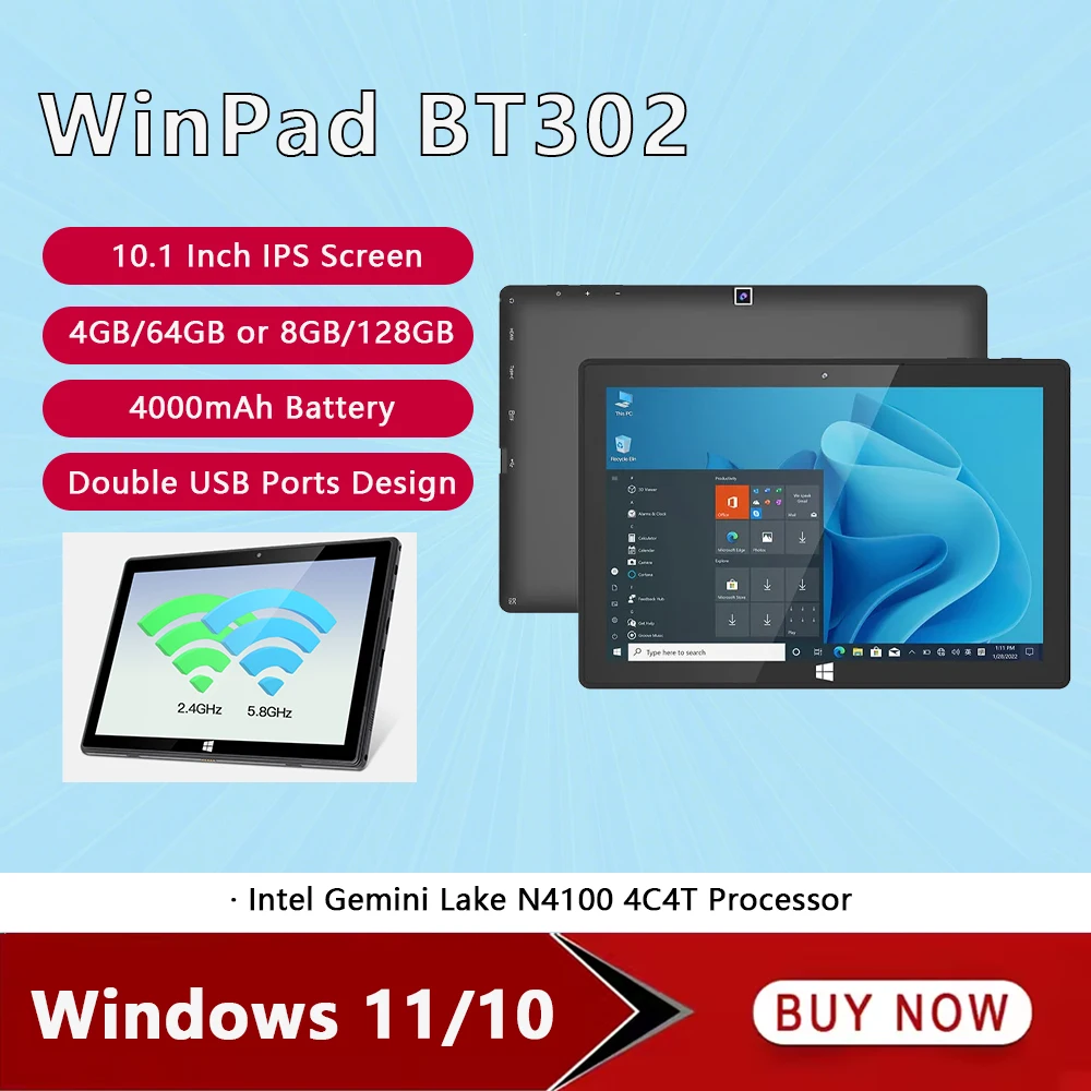 Фото НОВЫЙ UNIWA 10.1-дюймовый сенсорный планшет Winpad BT302 с Windows 11/10, 8 ГБ+512 ГБ, Mini HD-MI, 4000 мАч, 2.4 ГГц/5.8 ГГц WiFi, BT, умный планшет, недорогой. №1