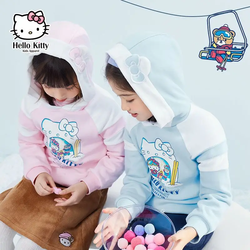 

Kawaii Sanrio/детский флисовый свитшот с рисунком «Hello Kitty»; Повседневная осенне-зимняя теплая куртка с капюшоном; Милый подарок для девочек