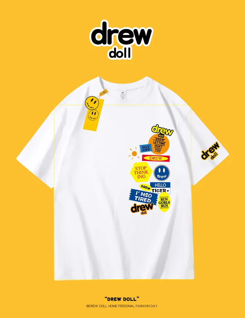 

DREW Summer T Shirt 100% Cotton Men O-neck T-shirt Male Women's tshirt Short Sleeve High Quality Tops HOUSE JUSTIN Brand Smiley