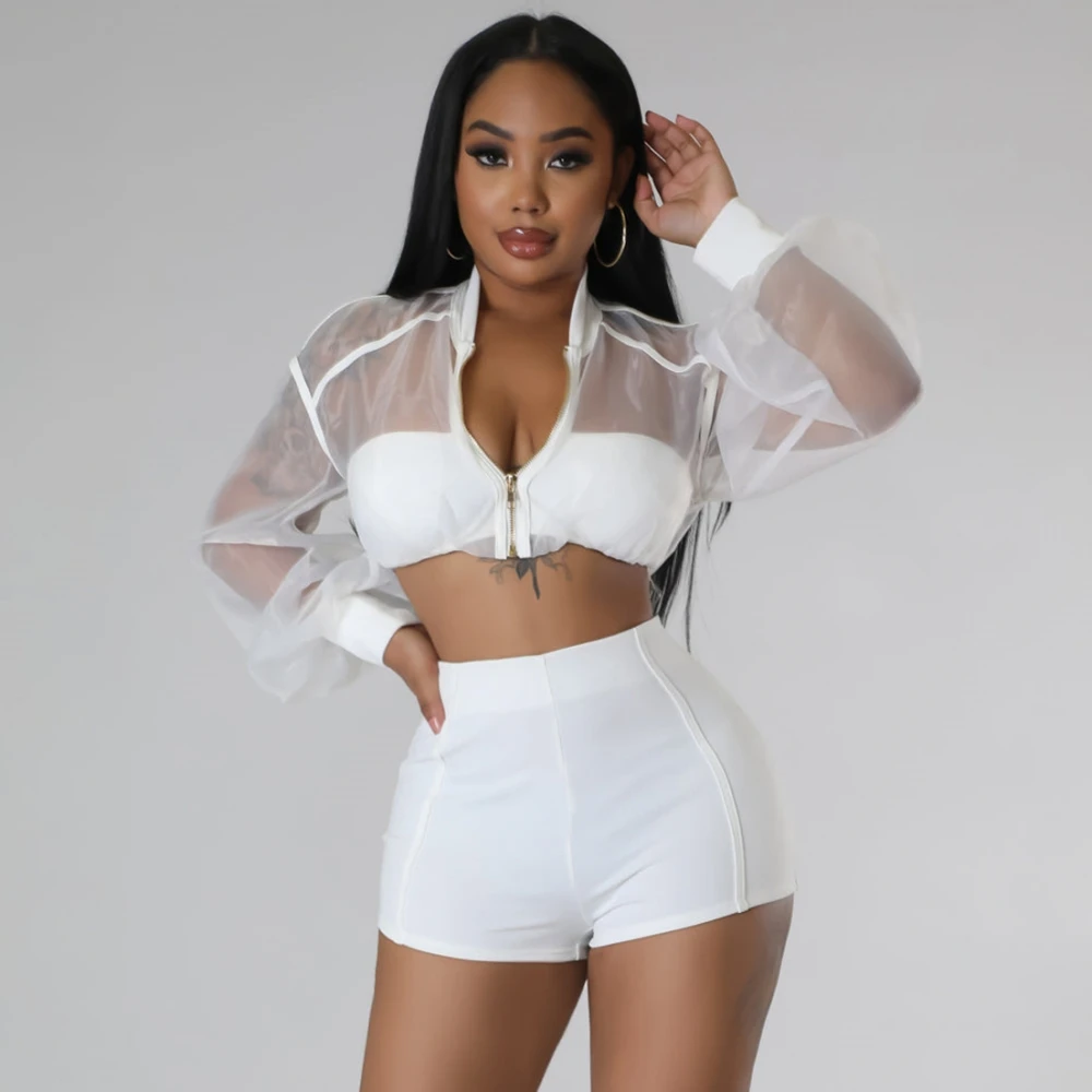 

2 Pieces Set Summer Spring Fashion Sexy Women Set 2023 Female Tops Solid Color Long Sleeve Shirt And Elastic Waist Shorts Suit