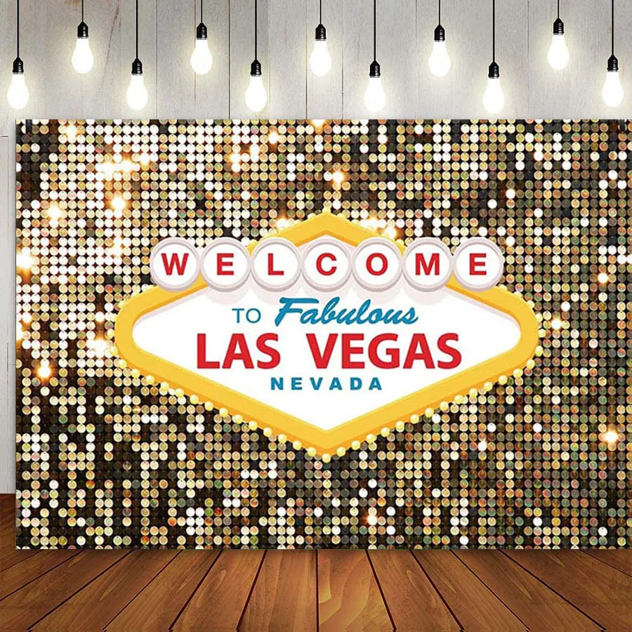 

Welcome to Las Vegas Photography Backdrops 7x5ft Vinyl Casino Poker Themed Birthday Party Banner Gold Needle Glitter Background
