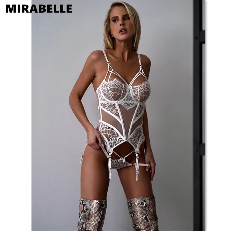 

MIRABELLE Sensual Lingerie See Through Bodysuit Women Hollow Out White Erotic Costumes Lace Underwear Sexy Lingerie with Thong