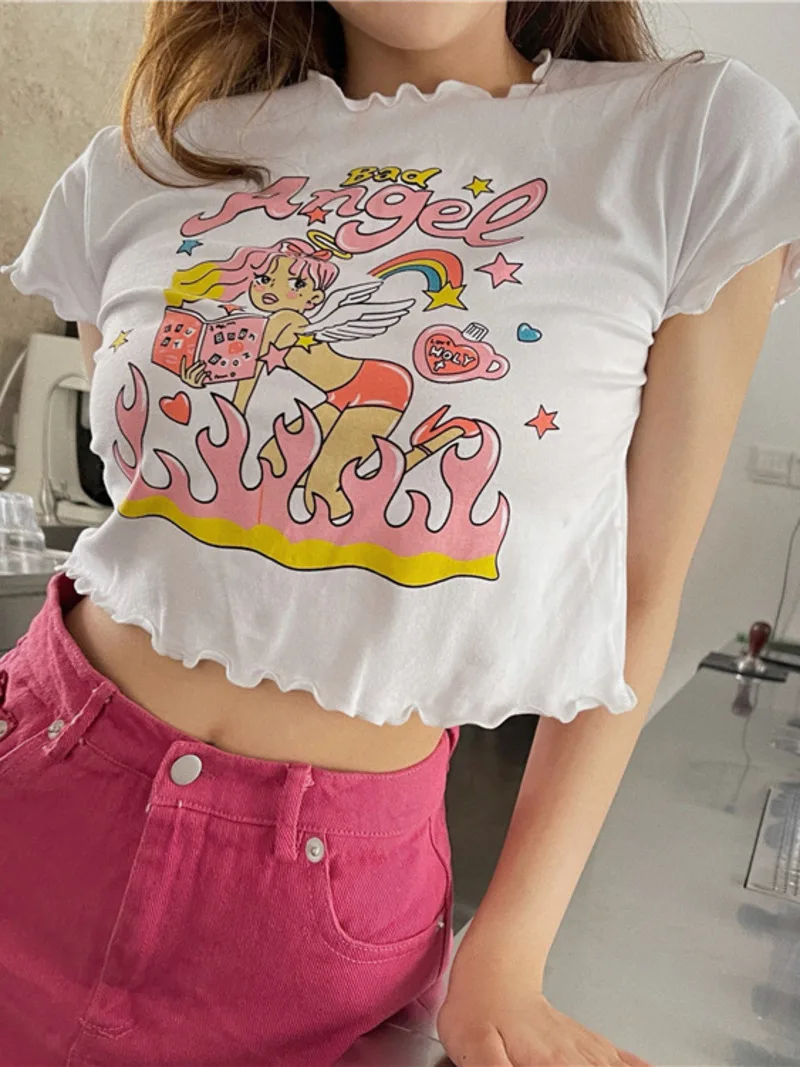 

WOMENGAGA Korean White Short Sleeve T-shirt For Women 2023 New Summer Short Spicy Girl Student Top Fashion Tees Cute Girl 10BT