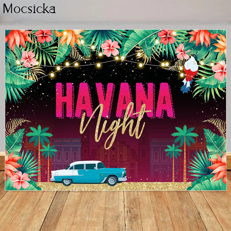 

Havana Nights Backdrop Hawaii Birthday Party Decor Photography Background Tropical Green Leaf Red Flowers Studio Photo Props