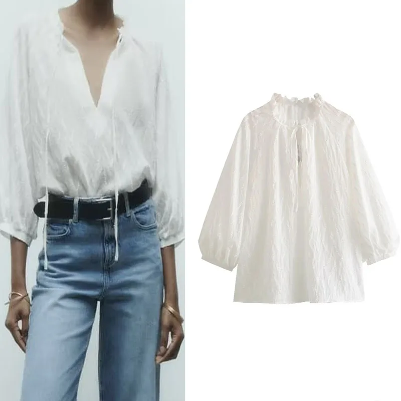 

TRAF 2023 Female Ruffled White Tops Fashion Elegant Women Blouse V Neck Long Sleeves Tied Tops Summer Casual Loose Beach Blouse