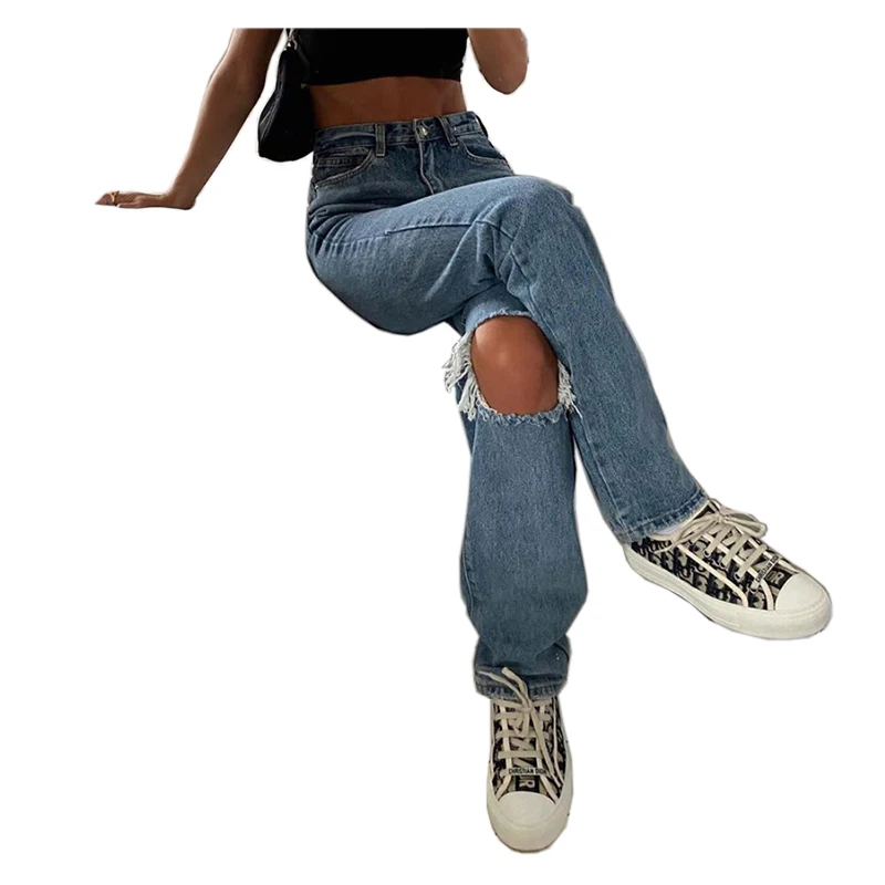 Джинсовые рваные джинсы женские штаны карго в винтажном стиле с завышенной