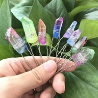 gradient color raw quartz point hair pins tiarabrass wire wrapped crystal party bridal women barrette hair jewelry qc5042