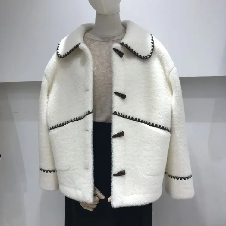 Korean doll collar cow horn button embroidery contrast color loose one-piece coat women's short short stature