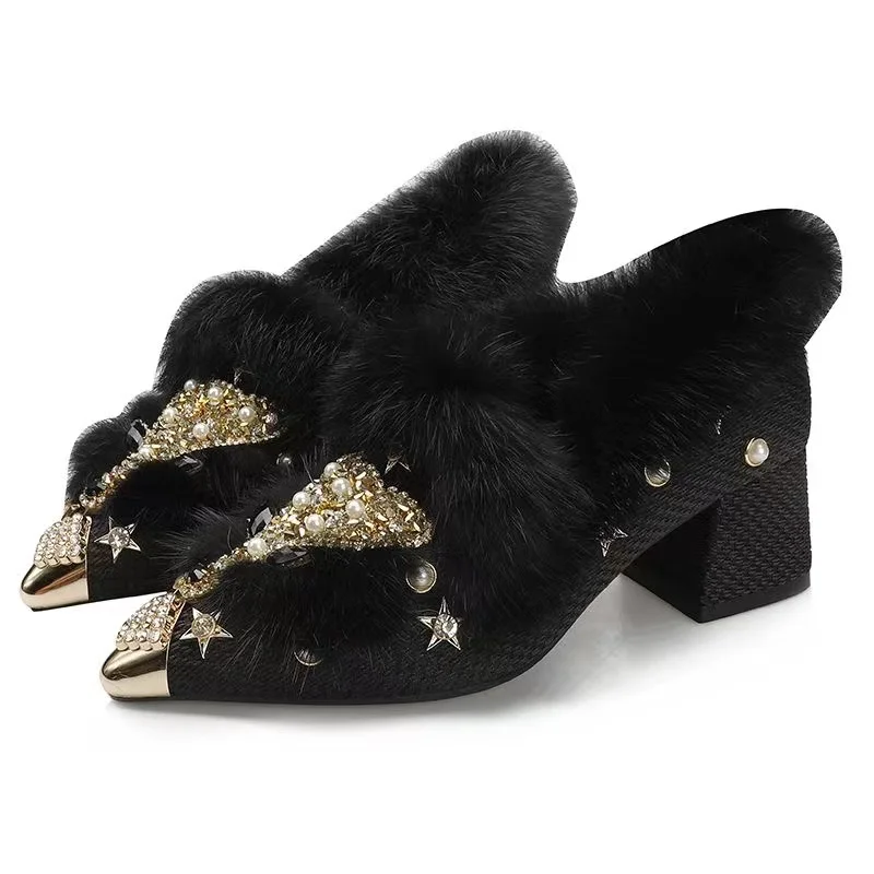 Women's plush shoes for winter wear plush 2023 Autumn and Winter New style pointed luxury design sense Small crowd medium heel h
