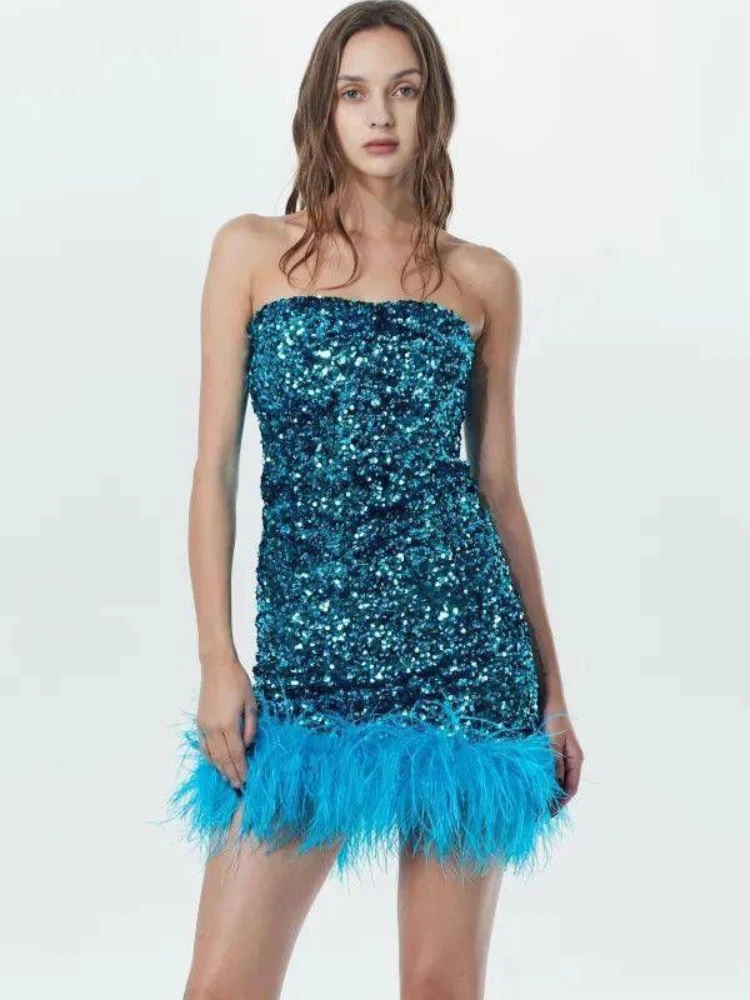 Sexy Strapless Blue Feathers Shinning Sequins Bodycon Mini Dress for Women Elegant Evening Celebrity  Nightclub Party Dresses