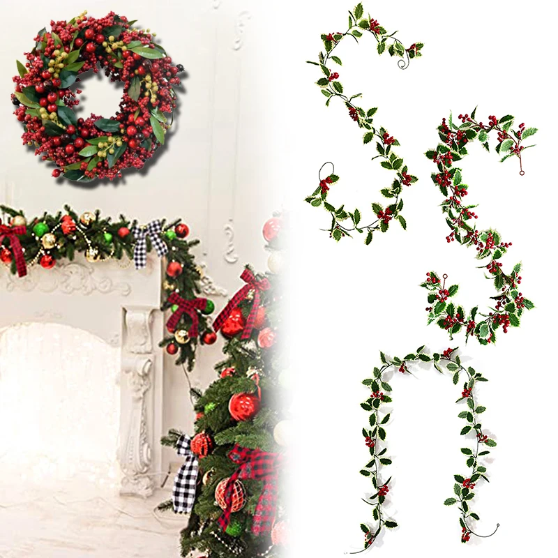 

Artificial Holly Leaves Red Berries Vine Christmas Rattan Diy Garland Xmas Tree Hanging Ornaments Wall Door Home Decorat Wreath