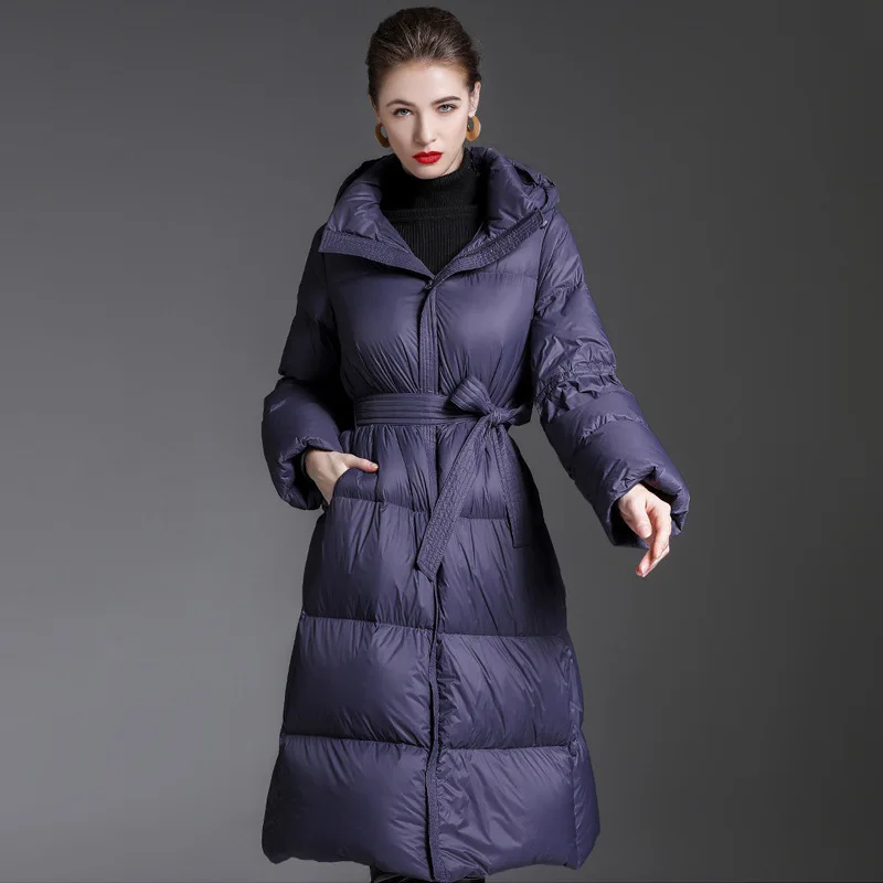 White eiderdown hooded down Winter Women's medium length over the knee thick coat for 2022