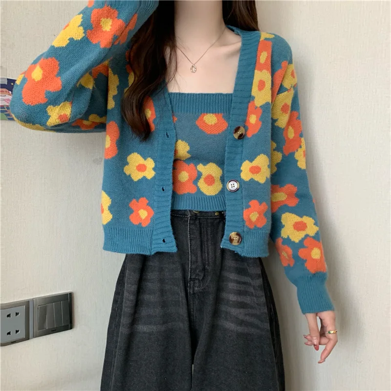 

2 Piece Knitted Cardigan Sets Vintage Printed Floral Korean Sweaters Suits Sling Camisole Crop Tops Jacket Slim 2023 for Female