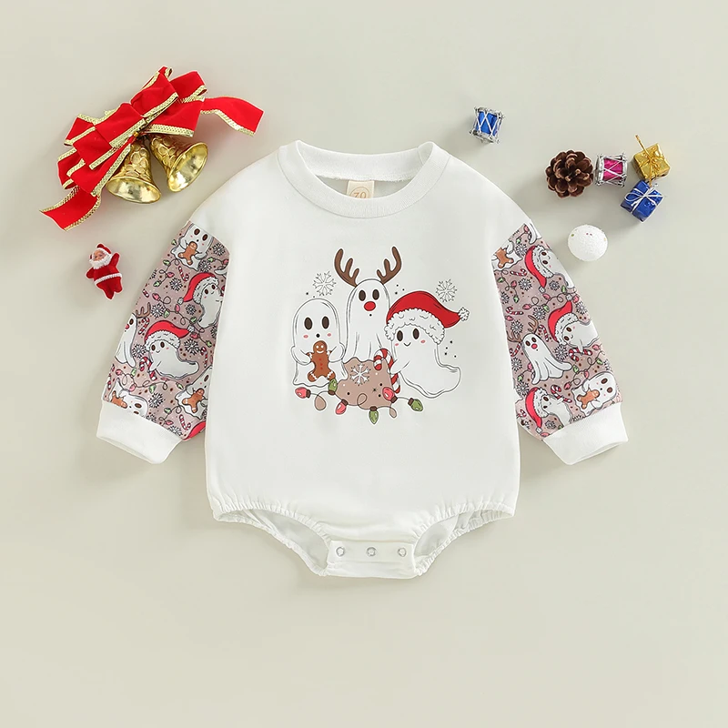 

2022-09-13 Lioraitiin 0-24M Infant Baby Girls Boys Autumn Bodysuit Long Sleeve O Neck Ghost Christmas Hat Print Jumpsuit