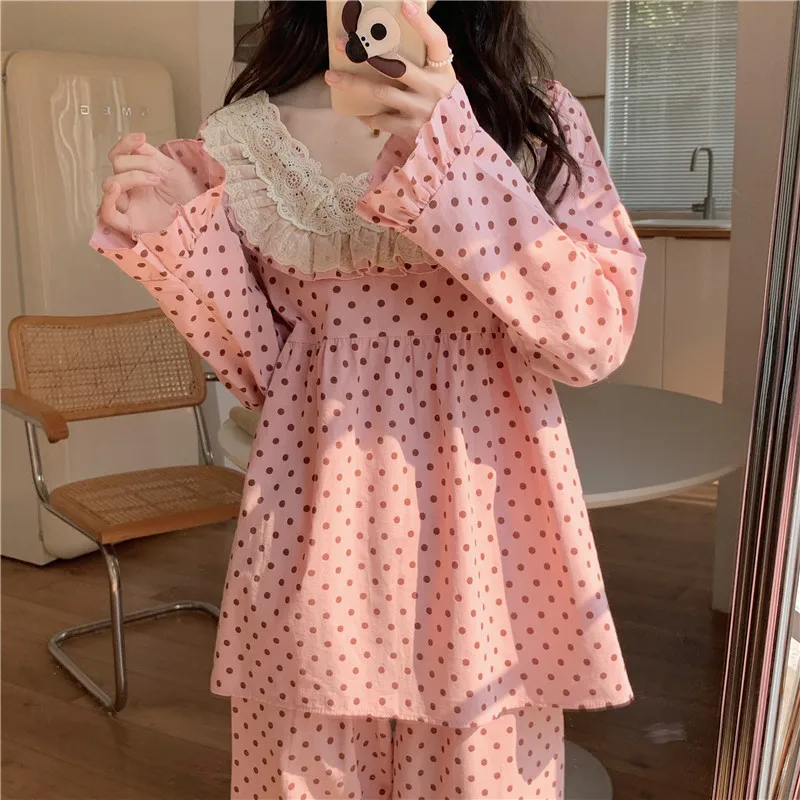 

Женский пижамный комплект в горошек, розовая рубашка с квадратным вырезом и брюки, домашняя одежда из хлопка и льна с кружевом в стиле пэчво...