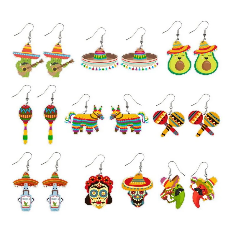 

New Cute Mexican Pepper Racket Rainbow Horse Wine Earrings Hat Skull Avocado Acrylic Personality Women's Earrings Gift