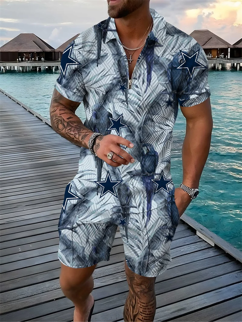 Men's Tracksuit 2 Piece Set Hawaiian Style Print 3D Polo Shirt T Shirt and Shorts Casual Man Clothing Zip-Up Polo Shirt