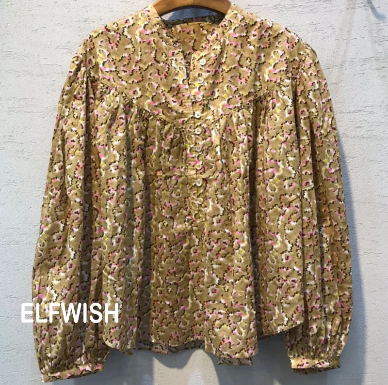 Женская блузка с цветочным принтом круглым вырезом и пуговицами спереди |