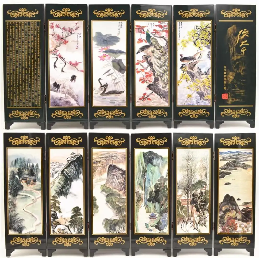 

China Collect Exquisite Wooden Lacquerware Painting Lucky“Mountains And Rivers”Small Folding Screens Handicraft Home Decoration