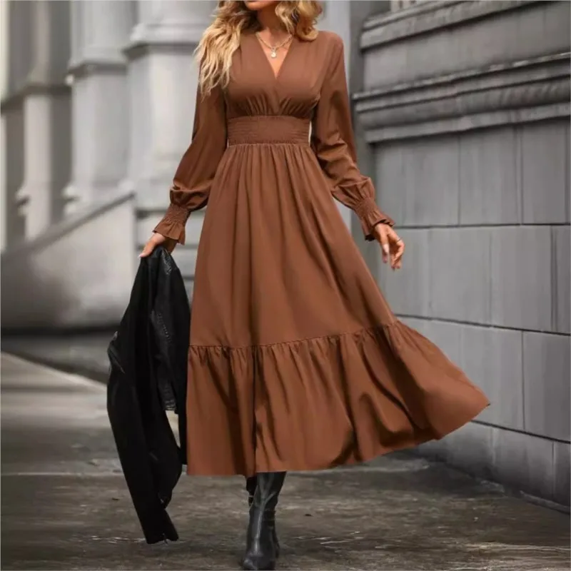 Elegant Ladies Dress Solid Color V-neck Pullover Lantern Sleeve A-line Folded Waist Long Sleeved 2024 Autumn New Item